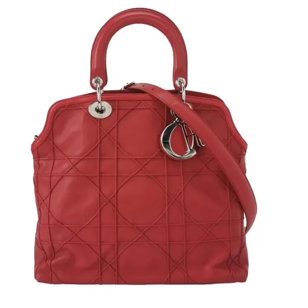 Dior Lady Dior Cannage Red Quilted Satchel 2 Way Authentic